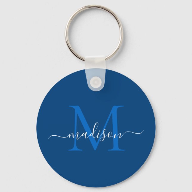 Navy Blue White Monogram Name Modern Girly Script Keychain (Front)