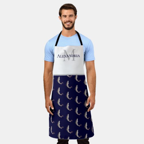 Navy Blue White Monogram name Trout pattern Apron