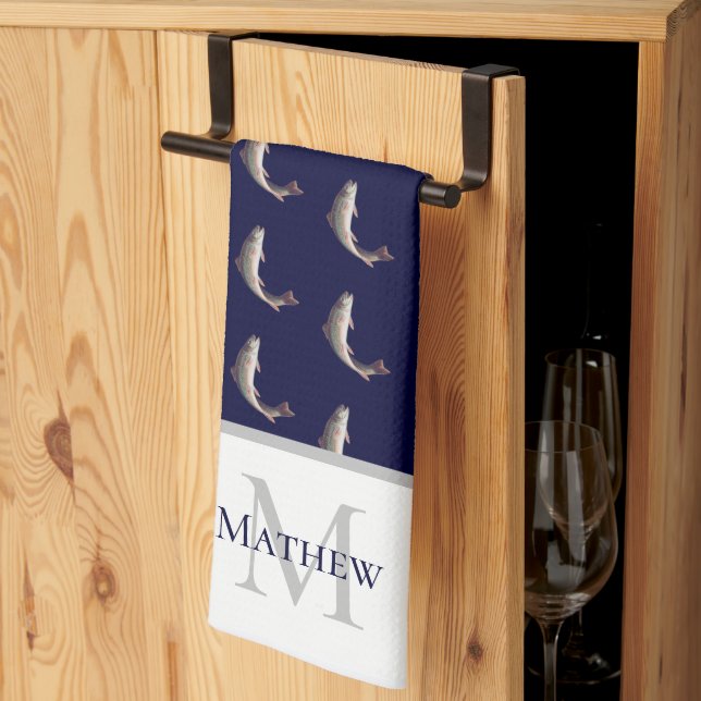 Navy Blue White Monogram name Trout pattern Kitchen Towel (Thirds Fold)