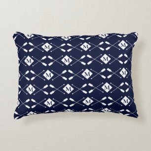 Navy Blue White Monogram Paddle Lake House Accent Pillow