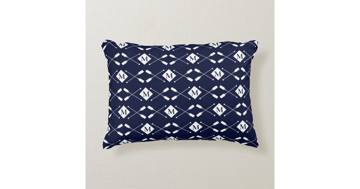 White & Blue Plaid-Border Monogram Decorative Pillow