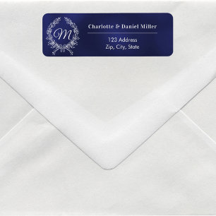 Navy blue white monogram wreath return address label