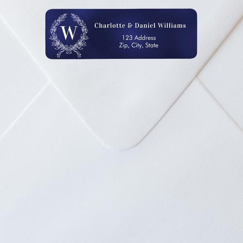 Navy blue white monogram wreath return address label