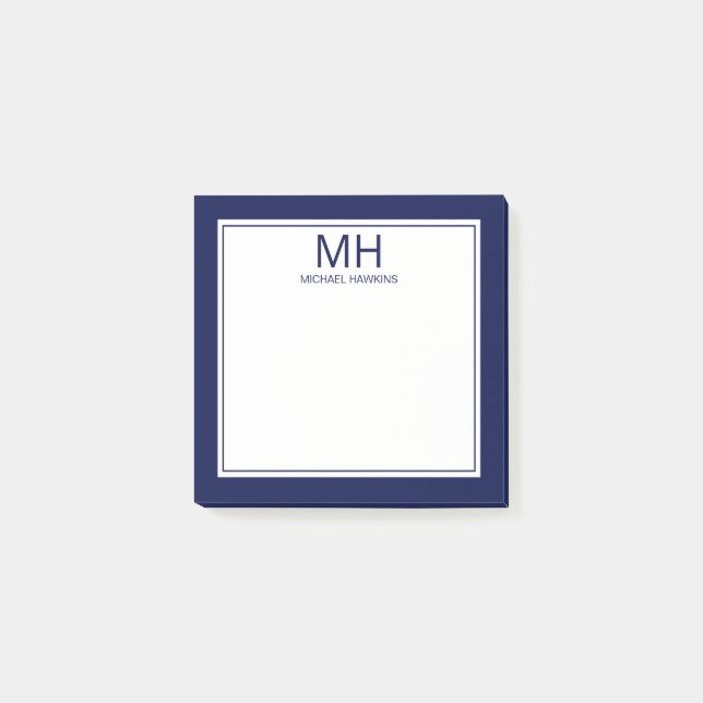 Navy Blue White Monogrammed Men's Post-it Notes (Front)
