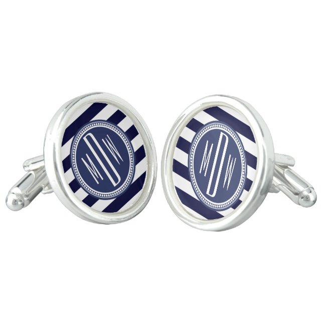 Navy Blue White Monogrammed Stripe Personalized Cufflinks (Angled)