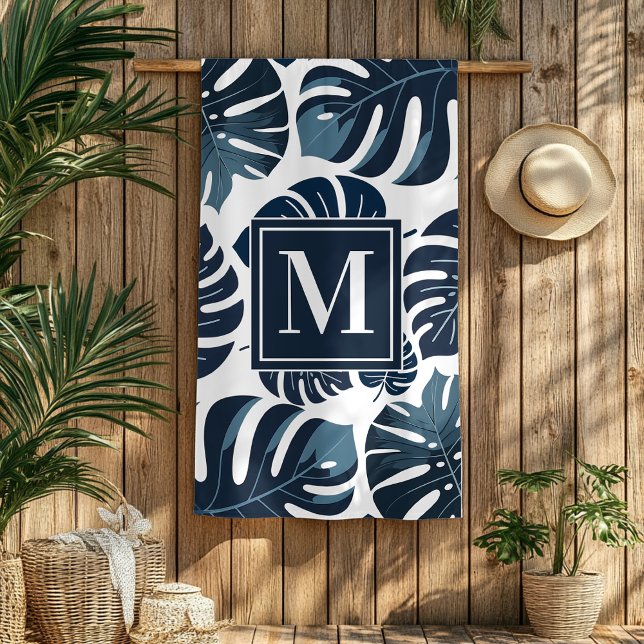 Navy Blue & White Monstera Monogram Beach Towel (Creator Uploaded)