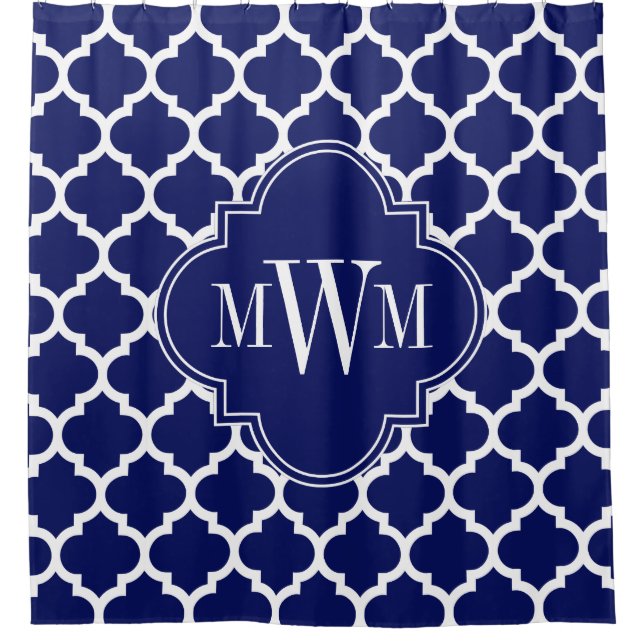 Navy Blue White Moroccan #5 Navy Blue 3I Monogram Shower Curtain (Front)