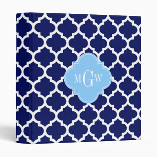 Navy Blue White Moroccan #5 Sky Blue Name Monogram Binder