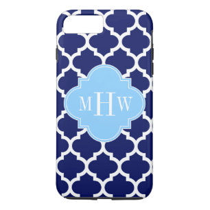 Navy Blue White Moroccan #5 Sky Blue Name Monogram iPhone 8 Plus/7 Plus Case