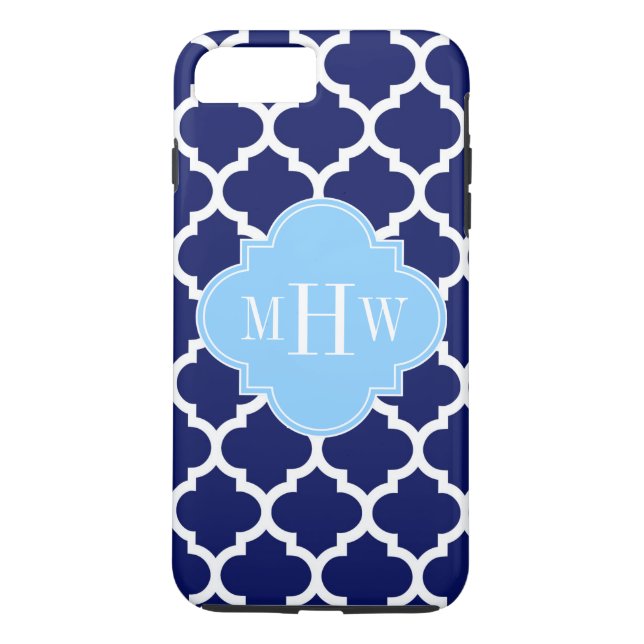 Navy Blue White Moroccan #5 Sky Blue Name Monogram Case-Mate iPhone Case (Back)