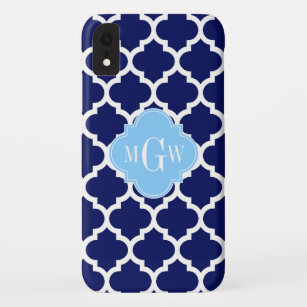 Navy Blue White Moroccan #5 Sky Blue Name Monogram iPhone XR Case