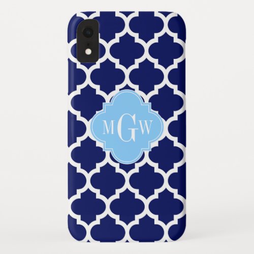 Navy Blue White Moroccan 5 Sky Blue Name Monogram iPhone XR Case