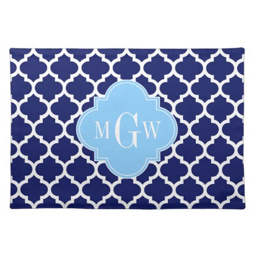 Navy Blue White Moroccan 5 Sky Blue Name Monogram Cloth Placemat