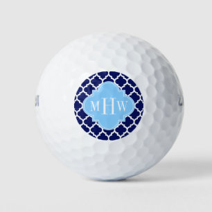 Navy Blue White Moroccan #5 Sky Blue Name Monogram Golf Balls