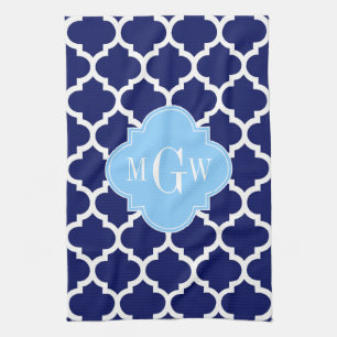 Navy Blue White Moroccan #5 Sky Blue Name Monogram Towel