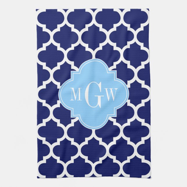 Navy Blue White Moroccan #5 Sky Blue Name Monogram Towel (Vertical)