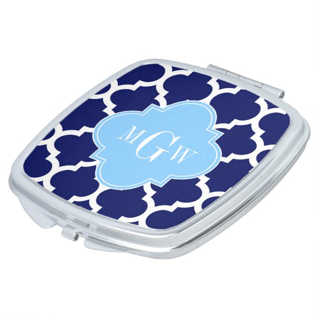 Navy Blue White Moroccan #5 Sky Blue Name Monogram Vanity Mirror (Turned)