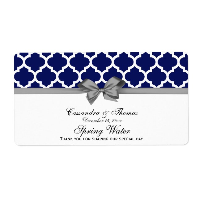 Navy Blue, White Moroccan Gray Party Water Label (Front)