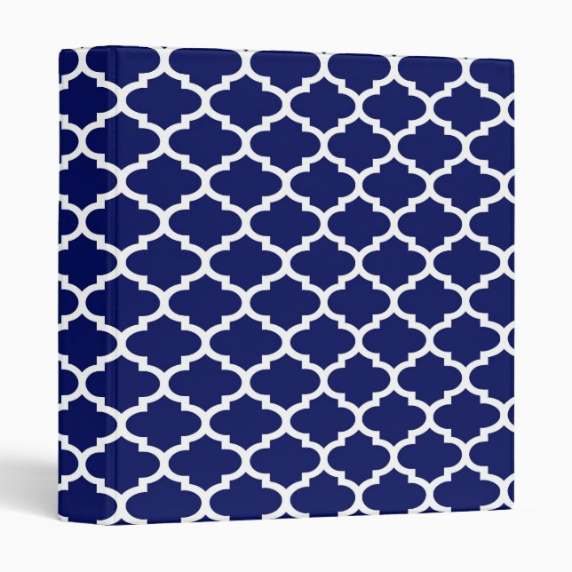 Navy Blue White Moroccan Quatrefoil Pattern #2 3 Ring Binder (Front/Spine)