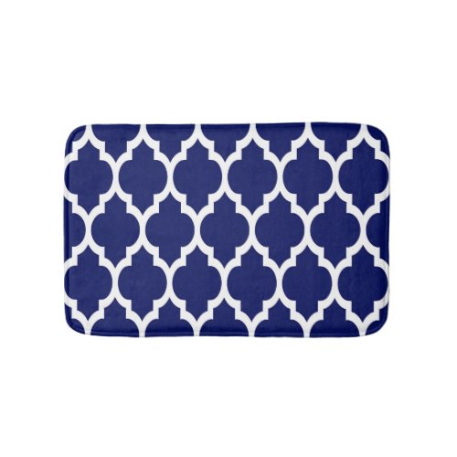 Navy Blue White Moroccan Quatrefoil Pattern 4 Bath Mat