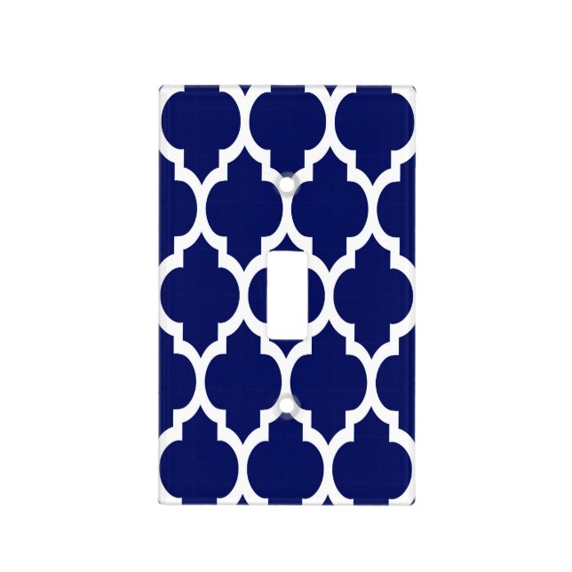 Navy Blue White Moroccan Quatrefoil Pattern #4 Light Switch Cover (Front)