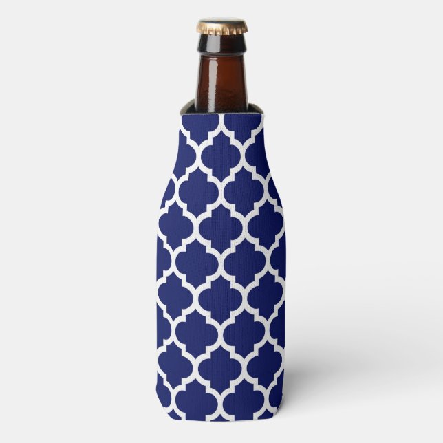 Navy Blue White Moroccan Quatrefoil Pattern #5 Bottle Cooler (Bottle Front)