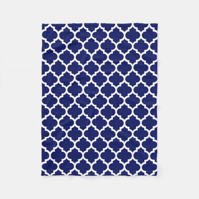 Navy Blue White Moroccan Quatrefoil Pattern #5 Fleece Blanket (Front)