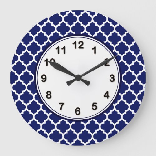Navy Blue White Moroccan Quatrefoil Pattern 5 Large Clock