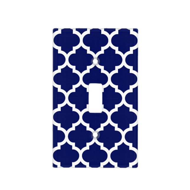 Navy Blue White Moroccan Quatrefoil Pattern #5 Light Switch Cover (Front)