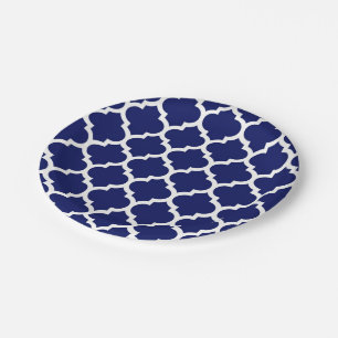 Navy Blue White Moroccan Quatrefoil Pattern #5 Paper Plates
