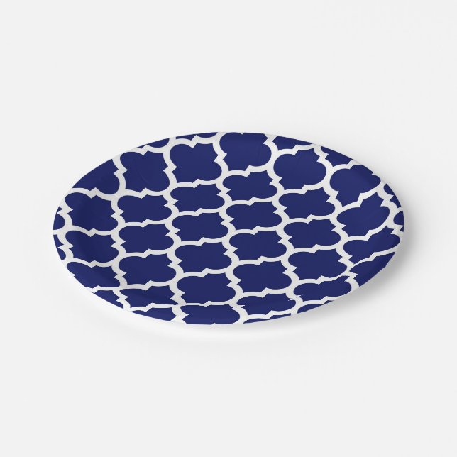 Navy Blue White Moroccan Quatrefoil Pattern #5 Paper Plates (Angled)