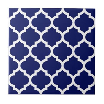 Navy Blue White Moroccan Quatrefoil Pattern #5 Tile by FantabulousPatterns at Zazzle