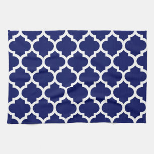 Navy Blue White Moroccan Quatrefoil Pattern #5 Towel