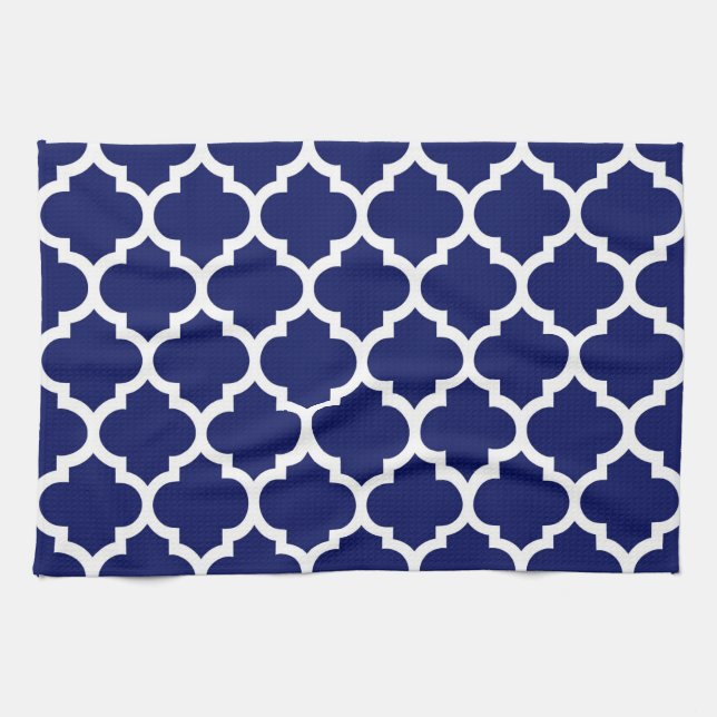 Navy Blue White Moroccan Quatrefoil Pattern #5 Towel (Horizontal)