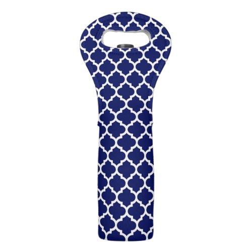 Navy Blue White Moroccan Quatrefoil Pattern 5 Wine Bag