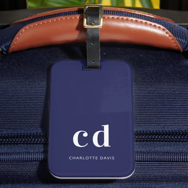 Navy blue white name elegant modern luggage tag (Front Insitu 2)