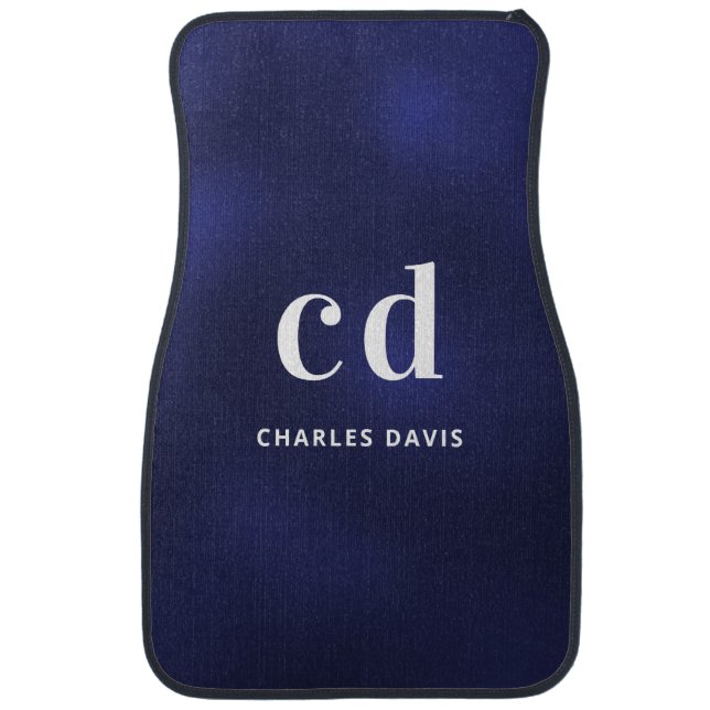 Navy blue white name monogram initials car floor mat (Front)