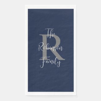 Navy Blue White Name Monogram Paper Guest Towel
