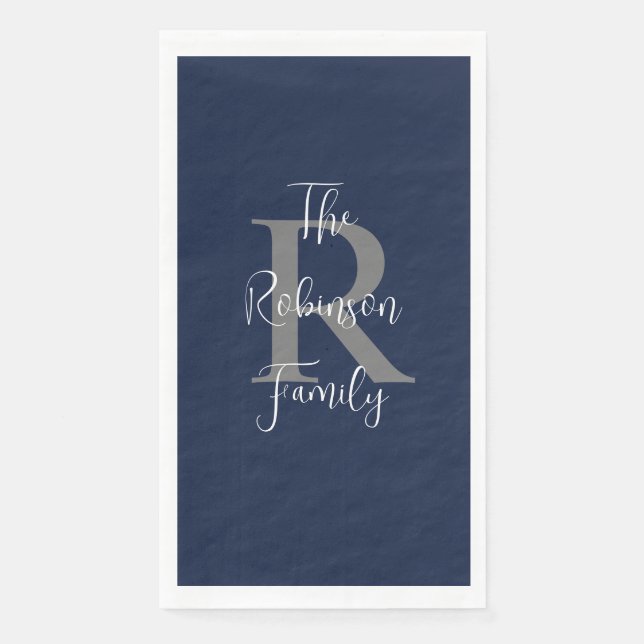 Navy Blue White Name Monogram Paper Guest Towel (Front)