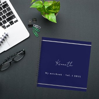 Navy blue white name script minimalist notebook | Zazzle