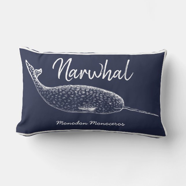Navy Blue & White Narwhal Whale Lumbar Pillow (Front)