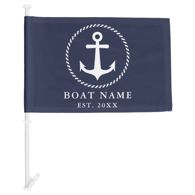 Navy Blue White Nautical Anchor Boat Name Car Flag (Front)
