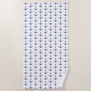 Navy Blue white nautical anchor pattern modern Beach Towel
