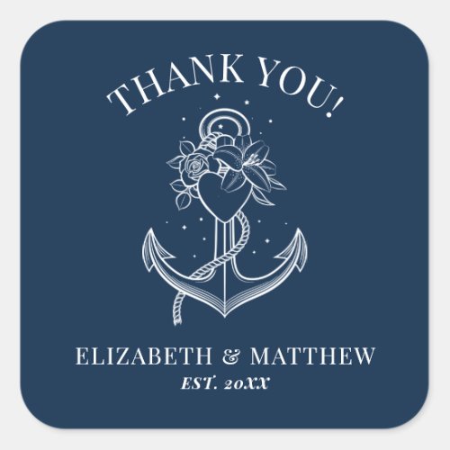 Navy Blue White Nautical Anchor Wedding Square Sticker