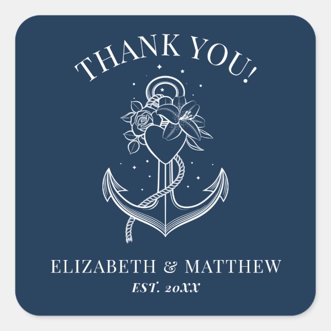 Navy Blue White Nautical Anchor Wedding Square Sticker (Front)