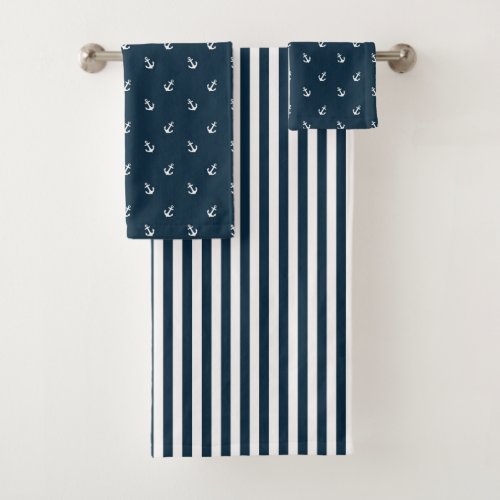 NAVY BLUE  WHITE NAUTICAL ANCHORS  STRIPES BATH TOWEL SET