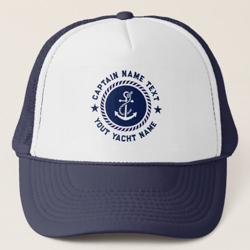 Navy Blue  White Nautical Boat Anchor Captain Name Trucker Hat