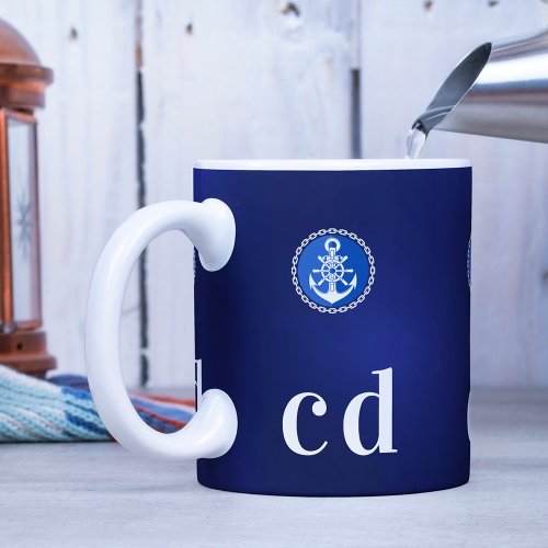 Navy blue white nautical boat monogram initials coffee mug