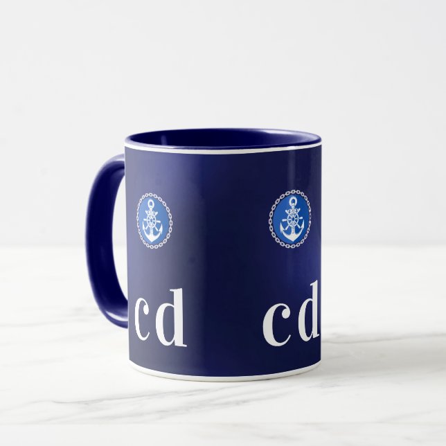 Navy blue white nautical boat monogram initials mug (Front Left)