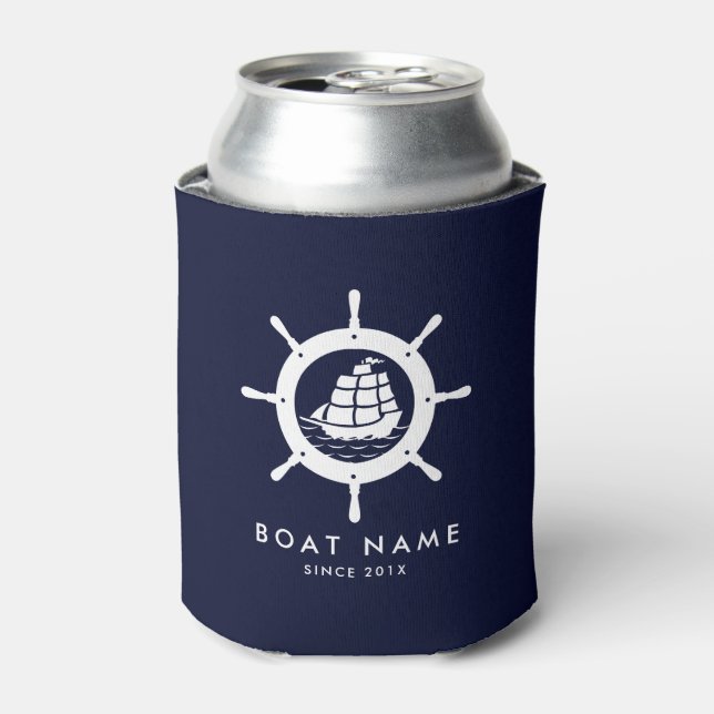 Navy Blue & White Nautical Boat Wheel Can Cooler (Can Front)